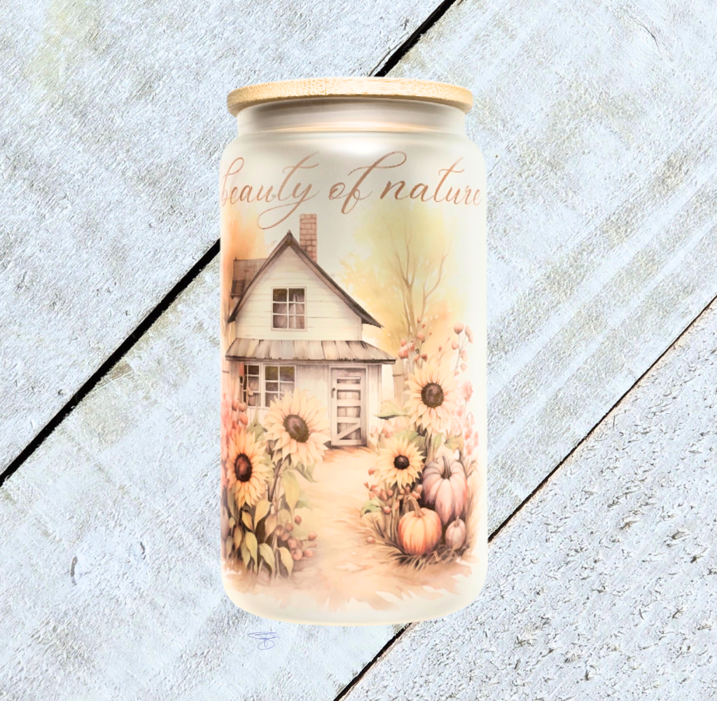 16oz Frosted Fall "Cottage House" Glass Tumbler