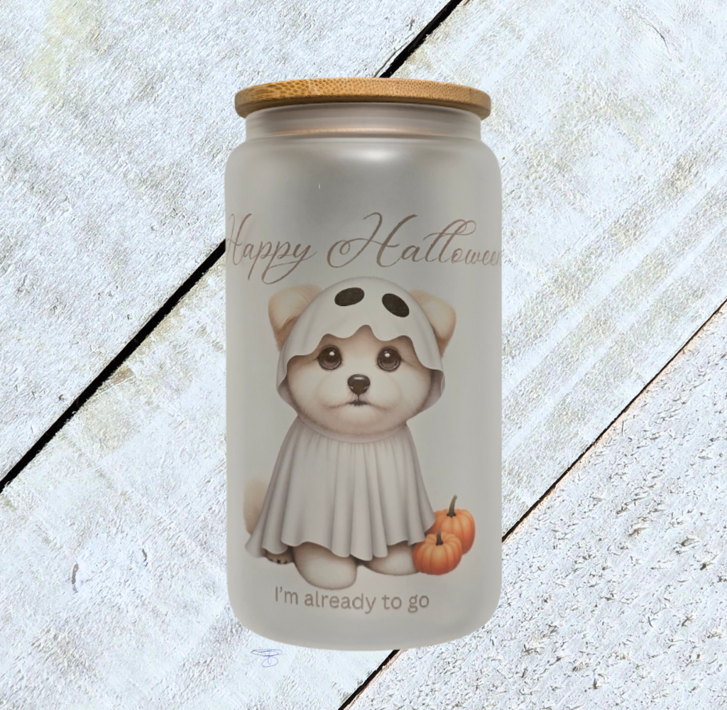 16oz Frosted Halloween "Ghost Dog" Glass Tumbler