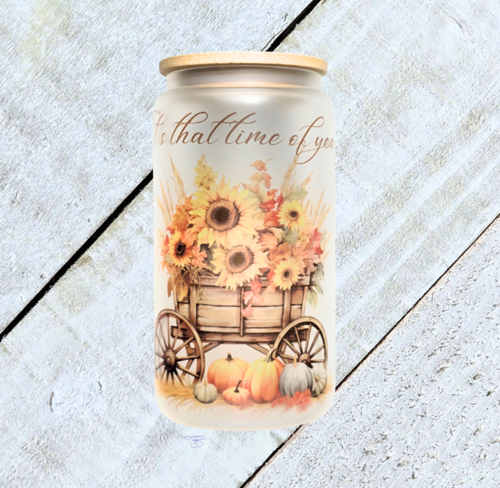 16oz Frosted Fall "Wagon" Glass Tumbler