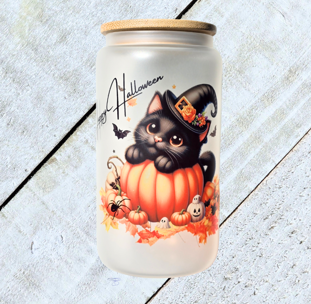 16oz Frosted "Happy Halloween with Cat" Glass Tumbler