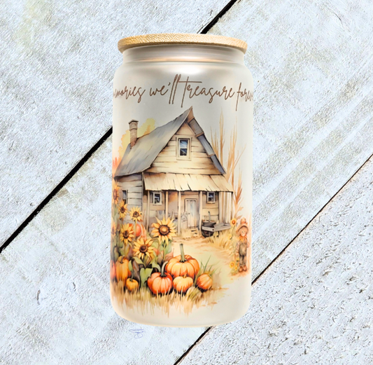 16oz Frosted Fall "Cottage House" Glass Tumbler