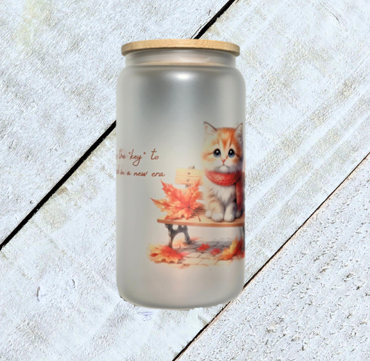 16oz Frosted Fall "Curiosity is the Key" Glass Tumbler