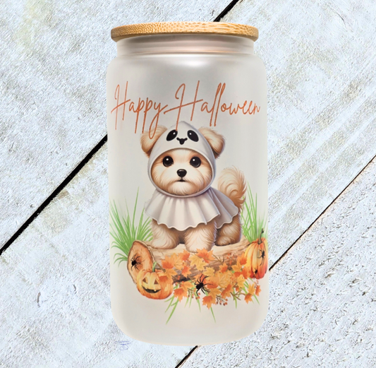 16oz Frosted Halloween "Ghost Dog" Glass Tumbler