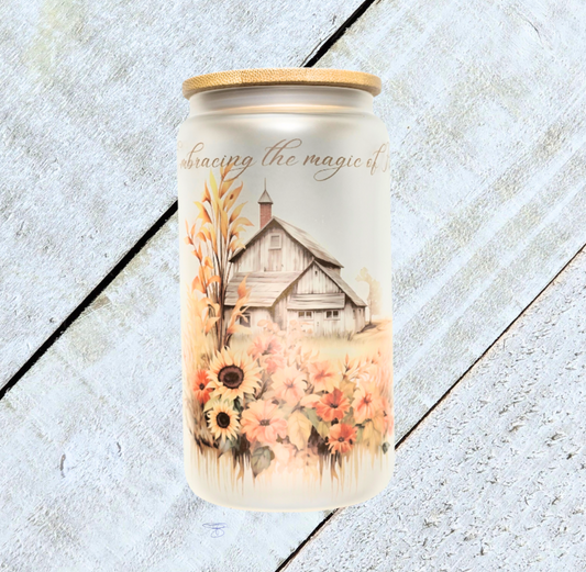 16oz Frosted Fall "Farm House" Glass Tumbler